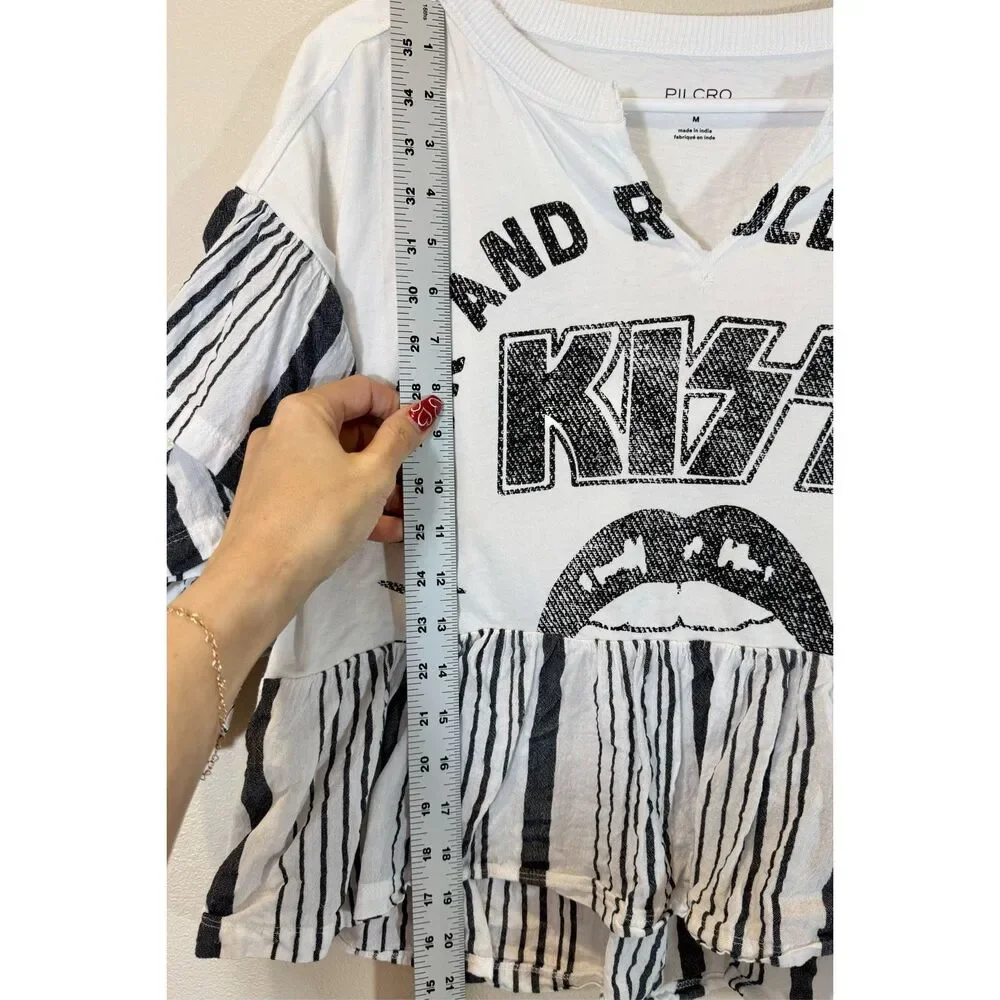 KISS Graphic Cropped Ruffle Top - White/Black - Picture 8 of 11